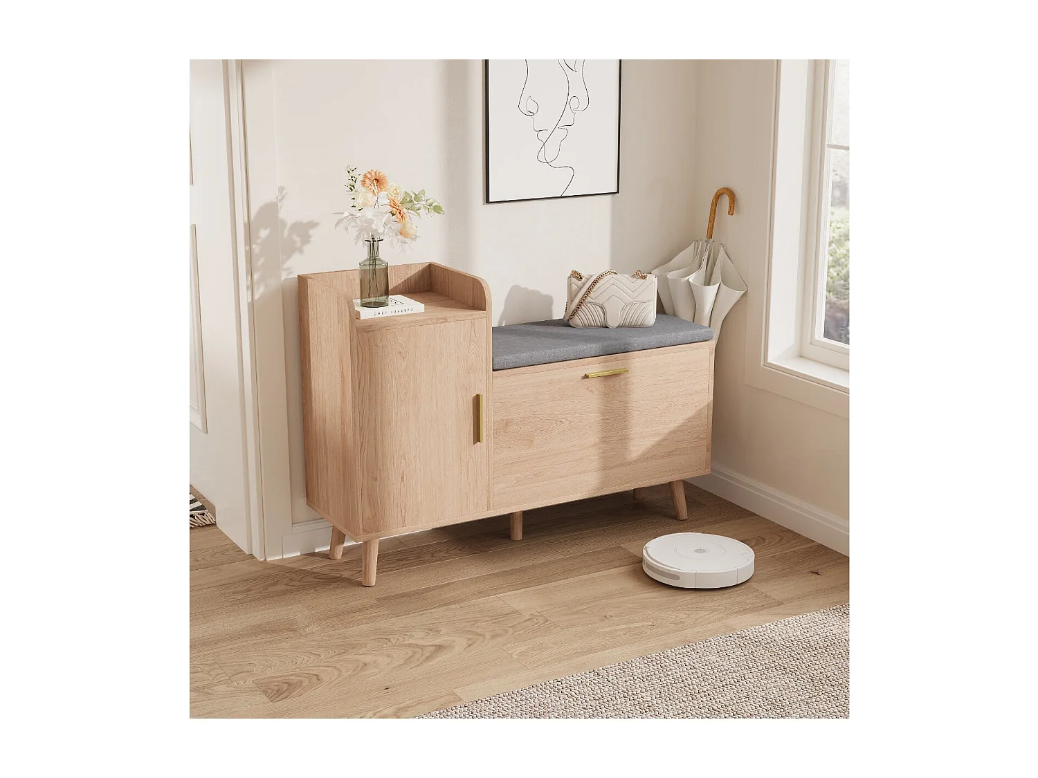 Meuble à chaussures avec banc 34 cm, rangement basculant, étagères latérales, meuble entrée bois naturel