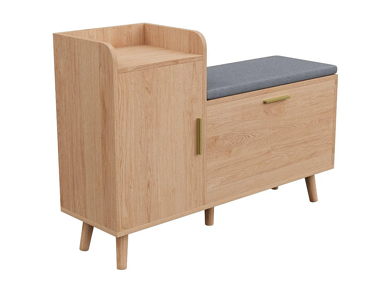 Meuble à chaussures avec banc 34 cm, rangement basculant, étagères latérales, meuble entrée bois naturel