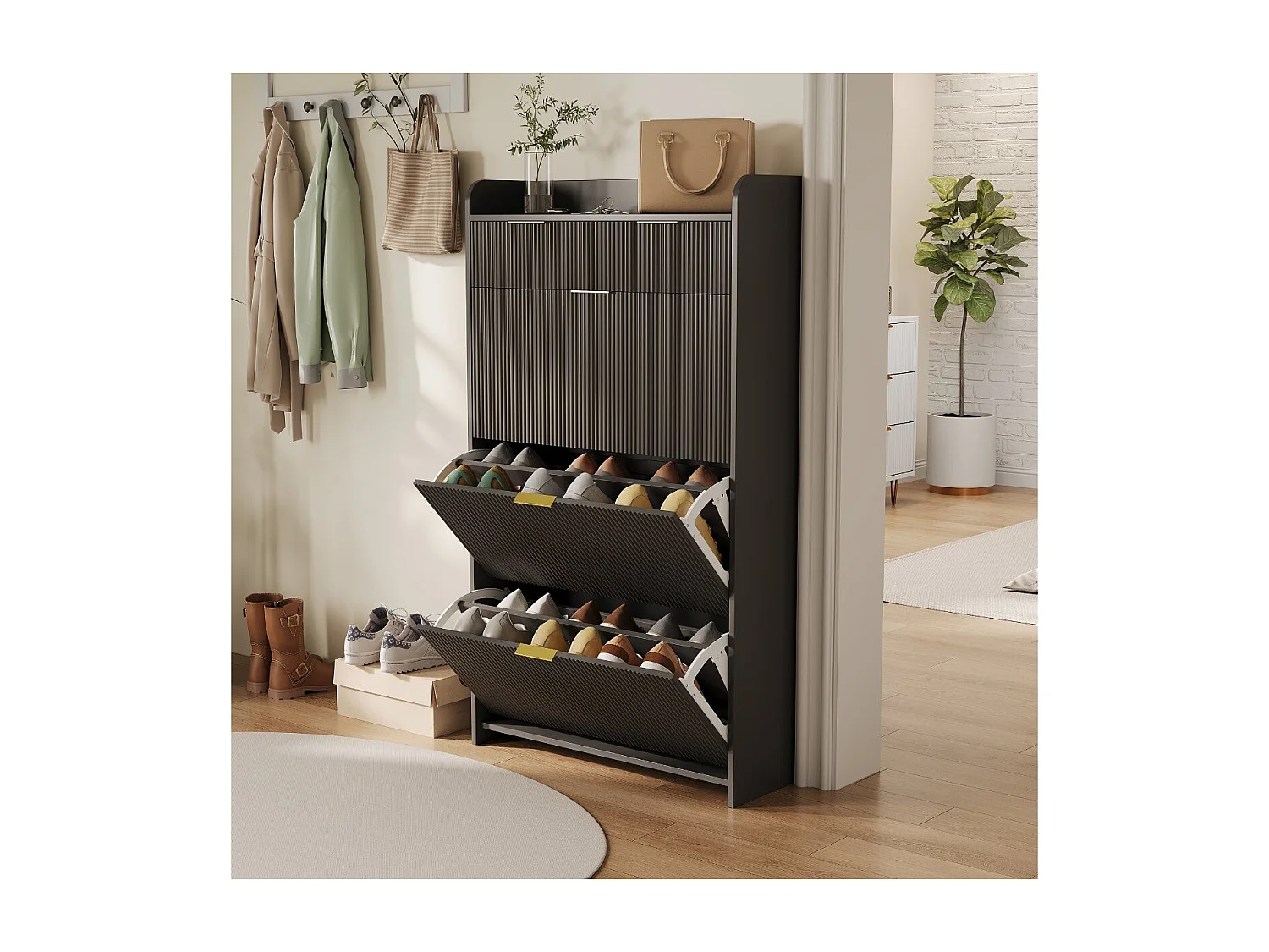 Meuble à chaussures avec 3 abattants et étagère, rangement d’entrée noir, armoire à chaussures gain de place