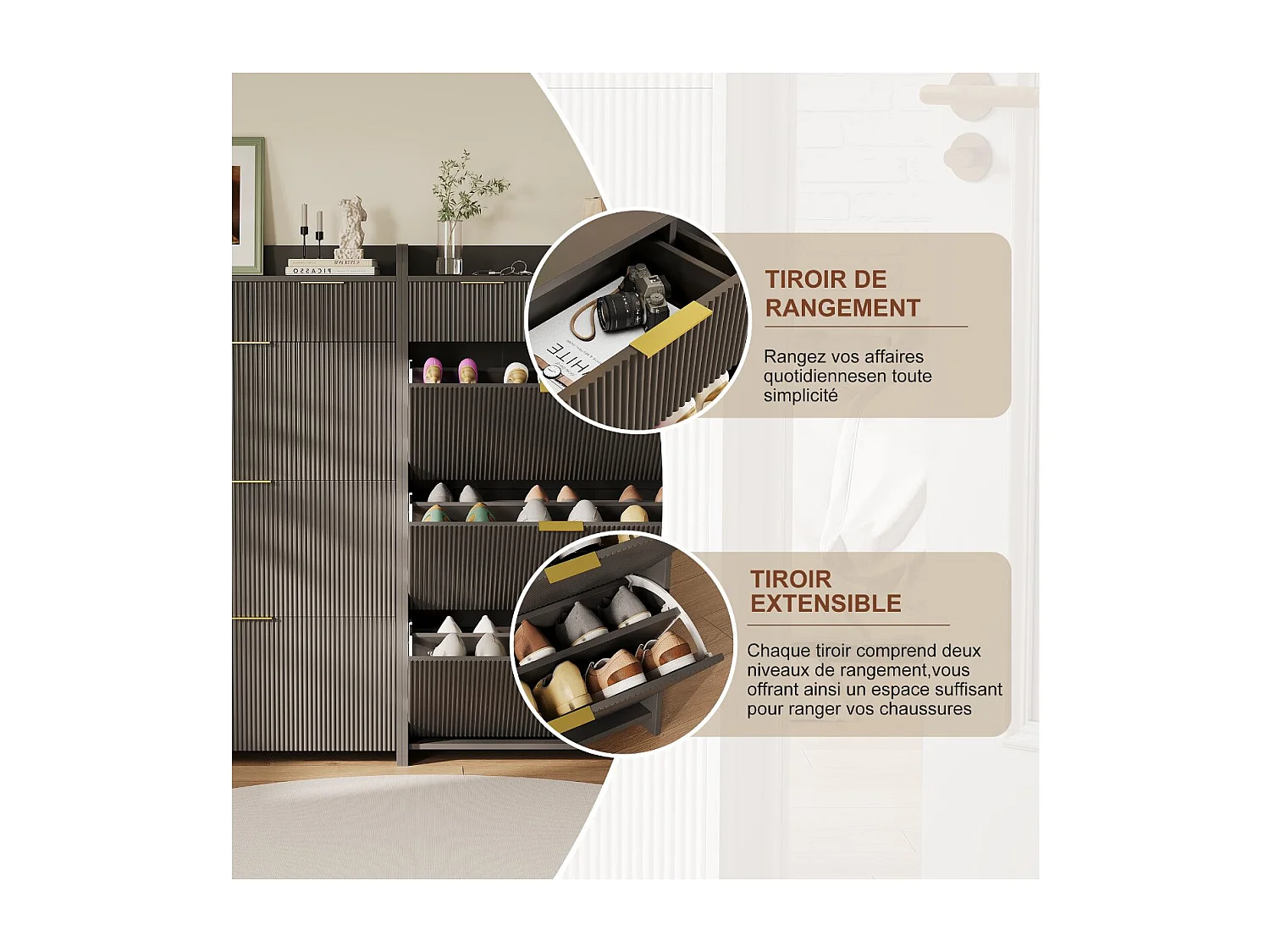 Meuble à chaussures avec 3 abattants et étagère, rangement d’entrée noir, armoire à chaussures gain de place