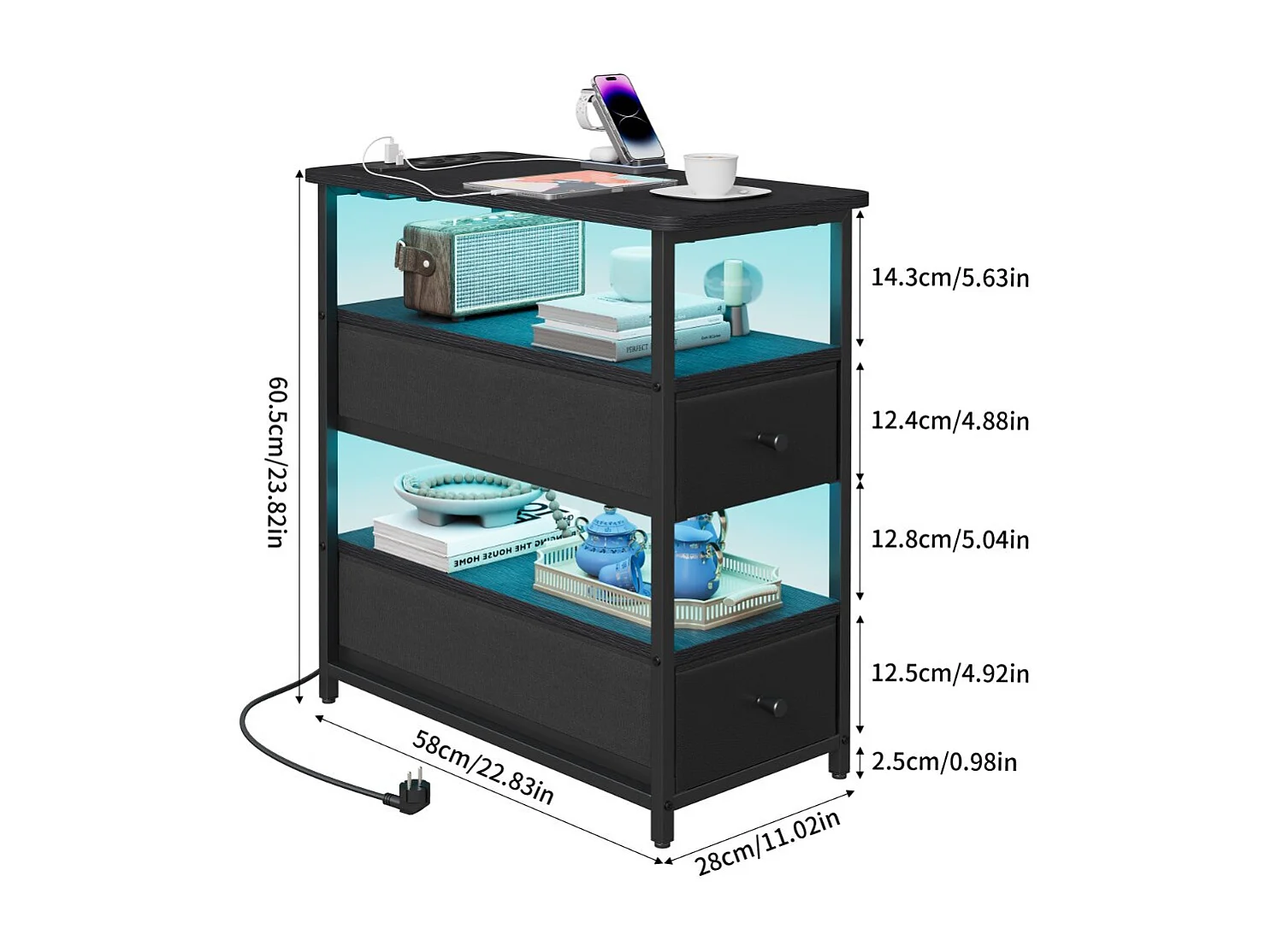 Table de chevet avec LED RGB, prise EU + USB + Type-C, 2 tiroirs tissu, meuble de nuit bois et métal, noir