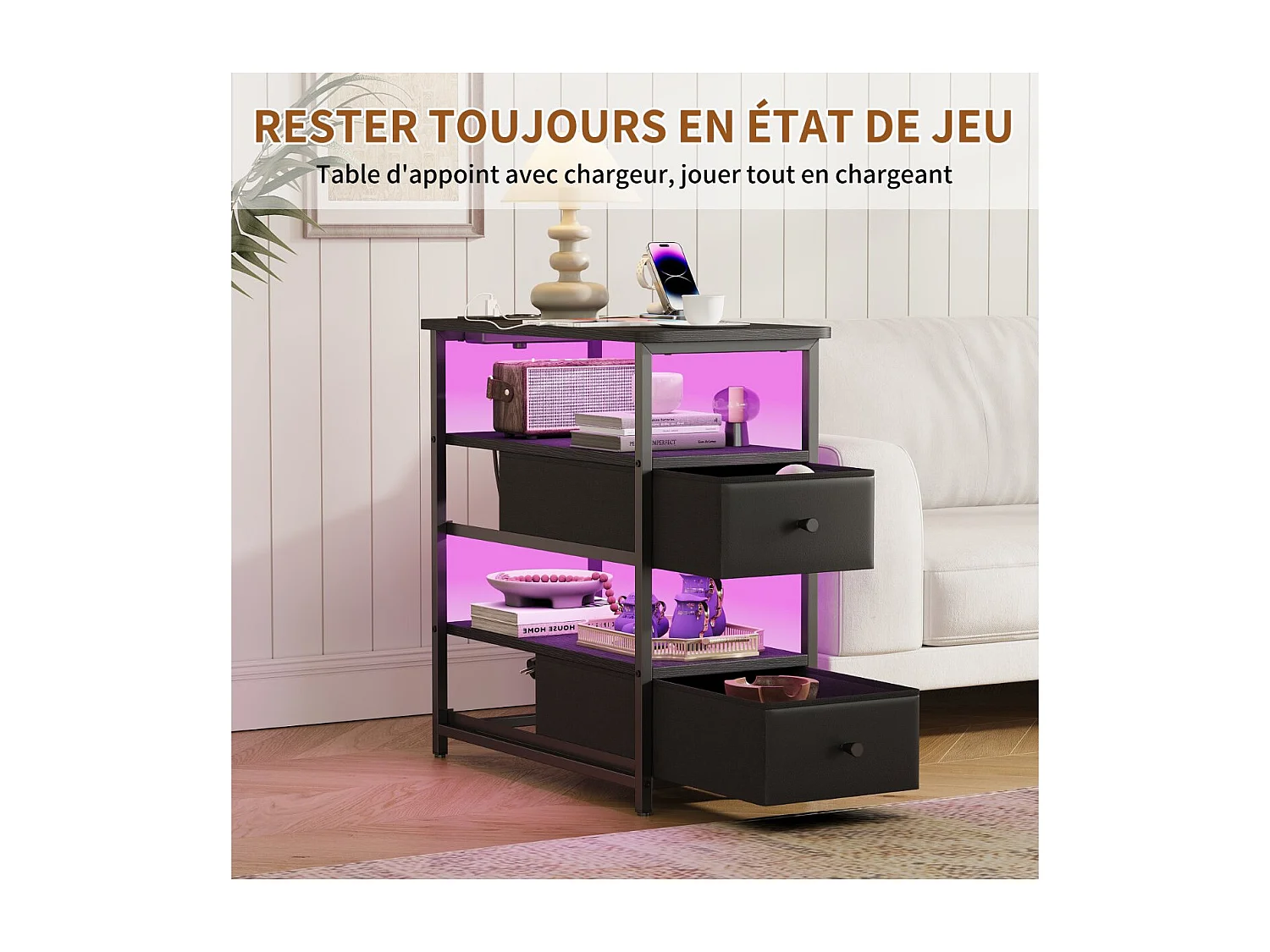 Table de chevet avec LED RGB, prise EU + USB + Type-C, 2 tiroirs tissu, meuble de nuit bois et métal, noir