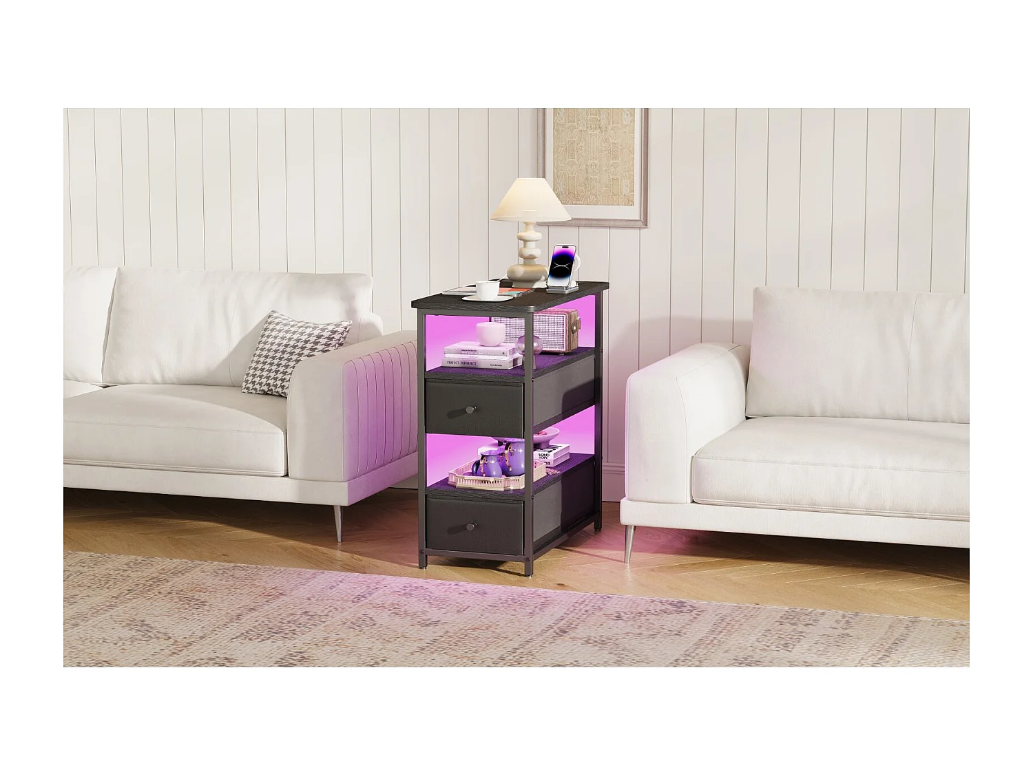 Table de chevet avec LED RGB, prise EU + USB + Type-C, 2 tiroirs tissu, meuble de nuit bois et métal, noir