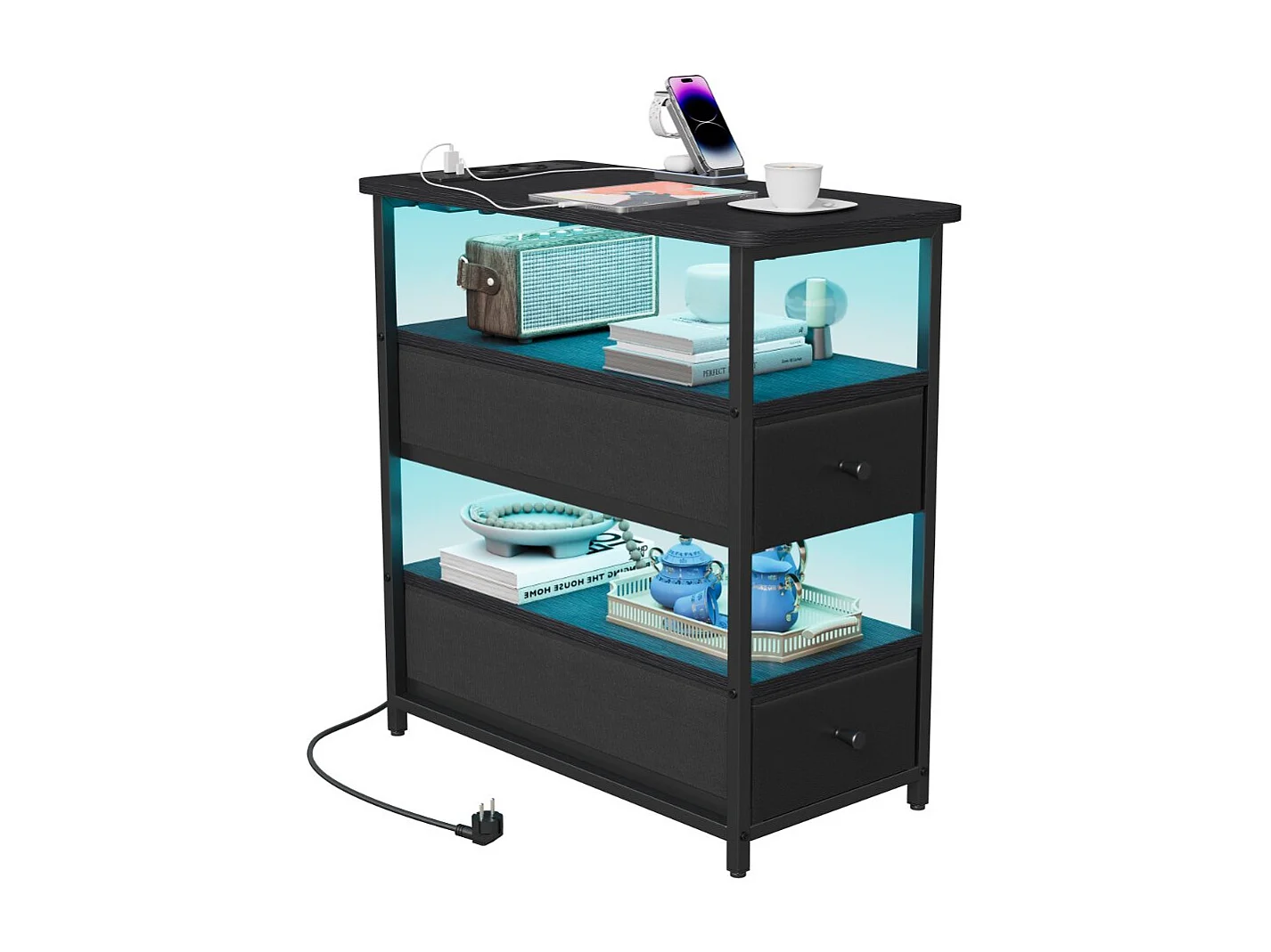 Table de chevet avec LED RGB, prise EU + USB + Type-C, 2 tiroirs tissu, meuble de nuit bois et métal, noir