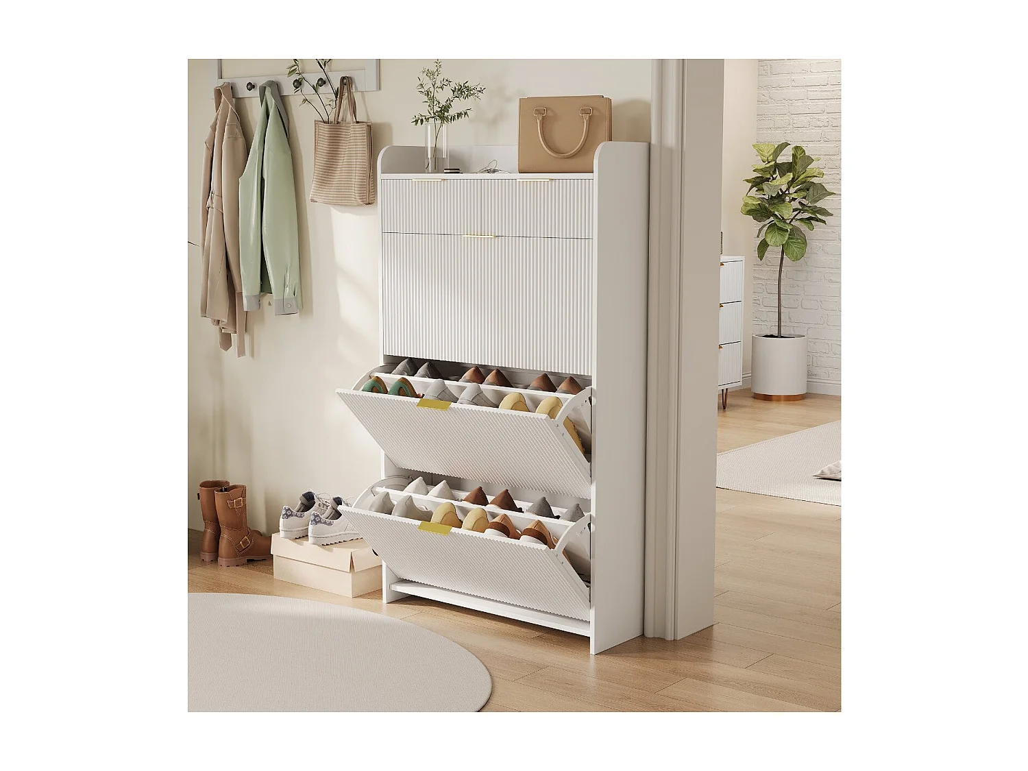 Meuble à chaussures avec 3 abattants et étagère, rangement d’entrée blanc, armoire à chaussures gain de place