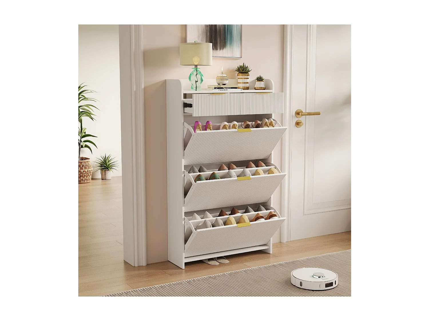 Meuble à chaussures avec 3 abattants et étagère, rangement d’entrée blanc, armoire à chaussures gain de place