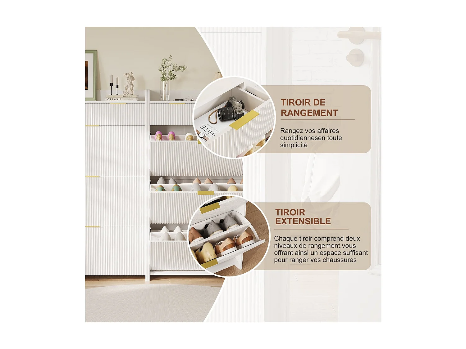 Meuble à chaussures avec 3 abattants et étagère, rangement d’entrée blanc, armoire à chaussures gain de place