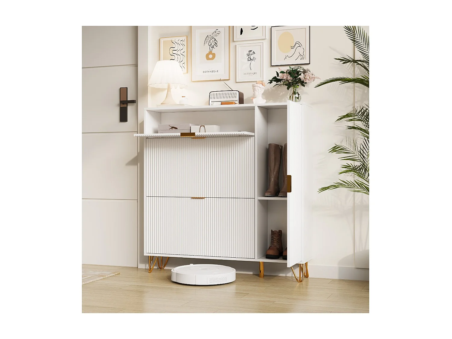 Meuble à chaussures blanc avec rangement, placard entrée moderne, buffet design rainuré, armoire chaussures