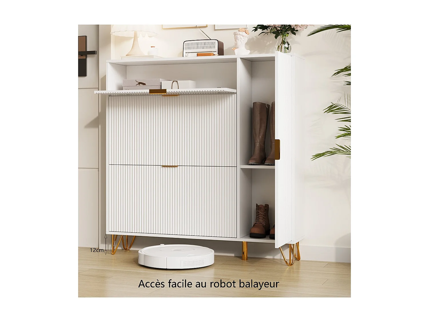 Meuble à chaussures blanc avec rangement, placard entrée moderne, buffet design rainuré, armoire chaussures