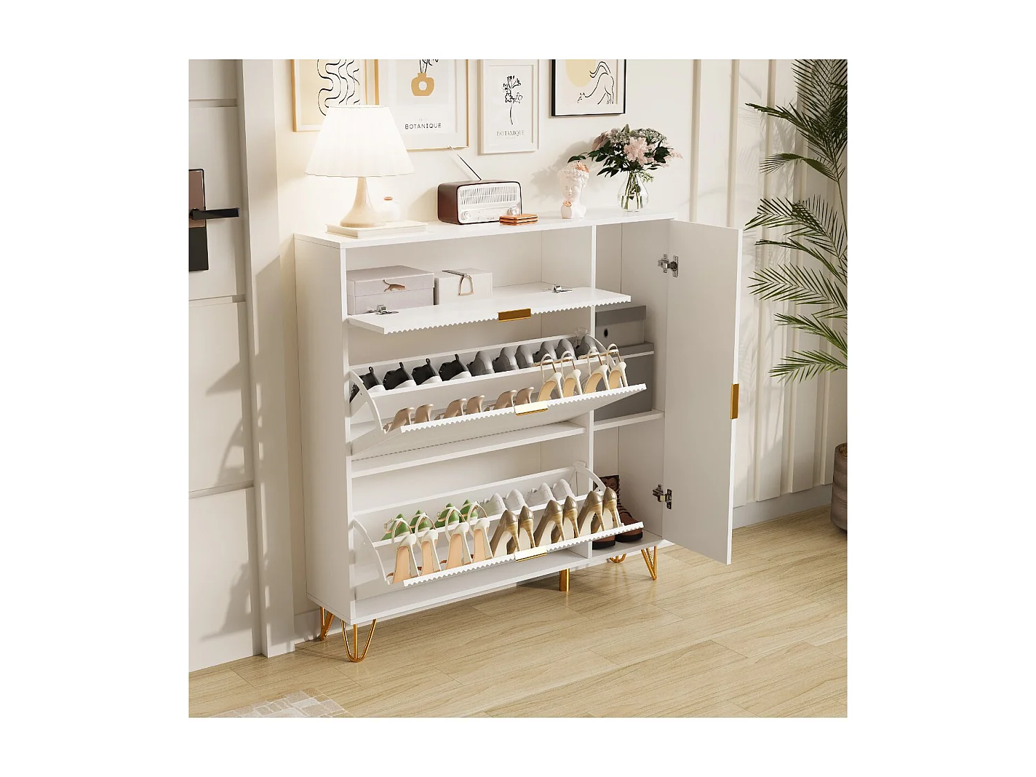 Meuble à chaussures blanc avec rangement, placard entrée moderne, buffet design rainuré, armoire chaussures