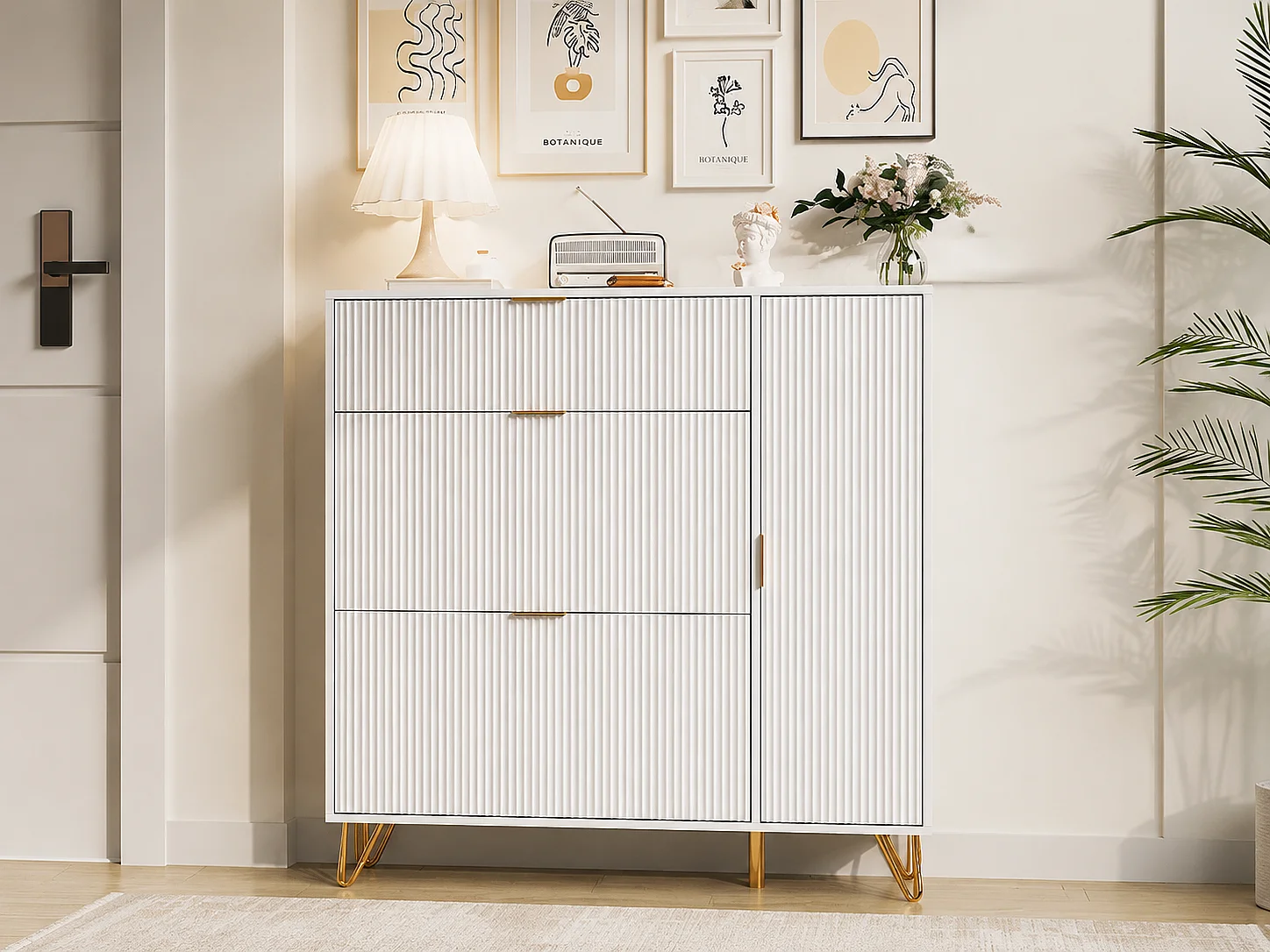 Meuble à chaussures blanc avec rangement, placard entrée moderne, buffet design rainuré, armoire chaussures