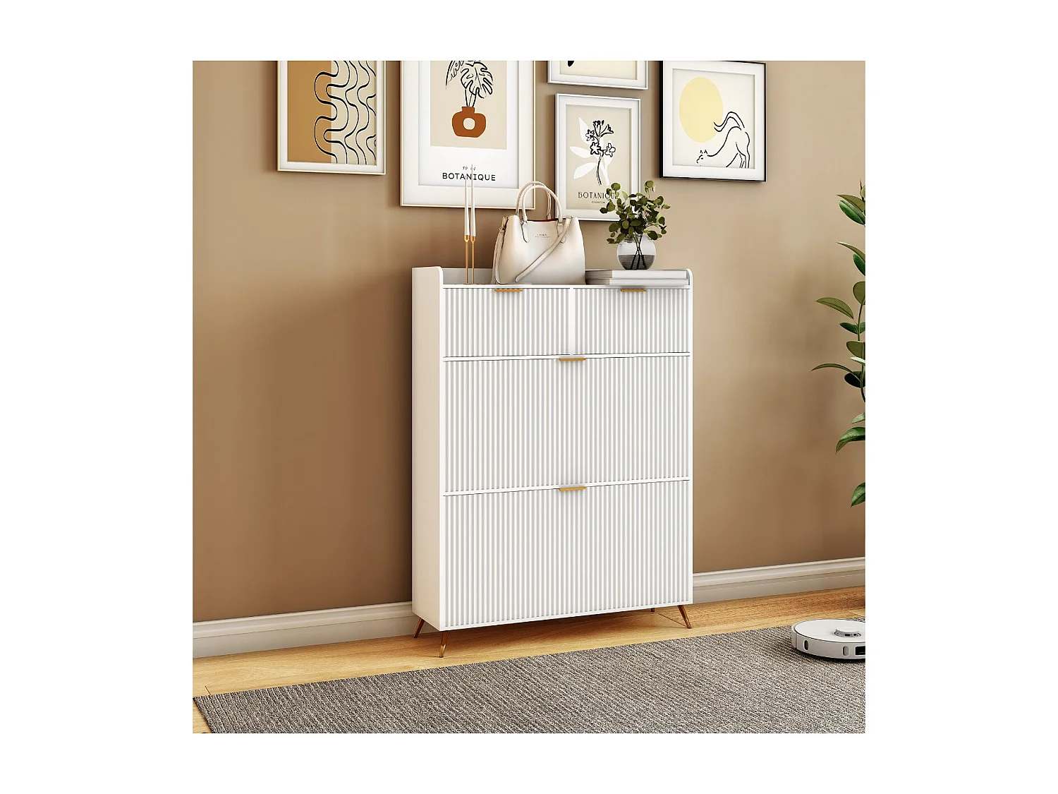 Meuble à chaussures blanc avec 2 tiroirs et 2 abattants, rangement entrée gain de place, armoire chaussures