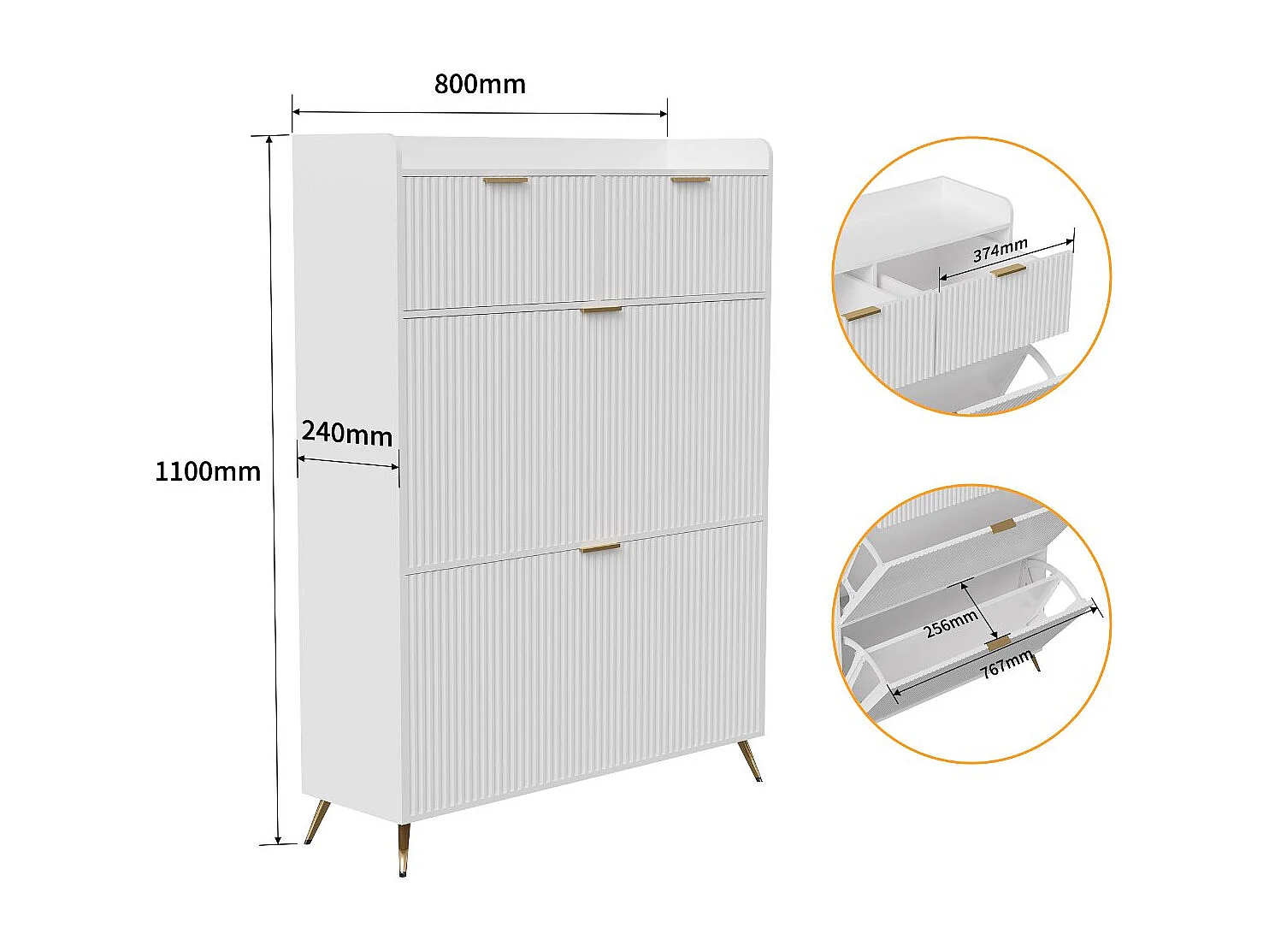 Meuble à chaussures blanc avec 2 tiroirs et 2 abattants, rangement entrée gain de place, armoire chaussures