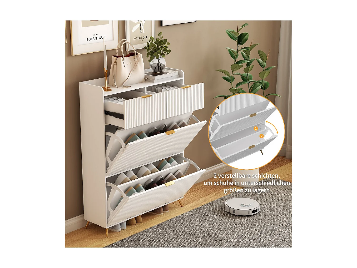 Meuble à chaussures blanc avec 2 tiroirs et 2 abattants, rangement entrée gain de place, armoire chaussures