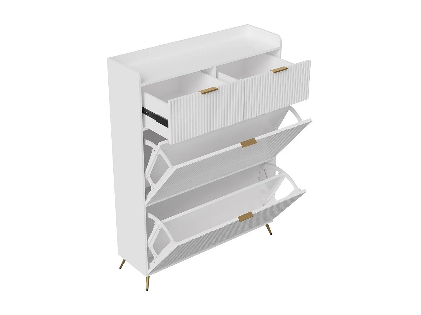 Meuble à chaussures blanc avec 2 tiroirs et 2 abattants, rangement entrée gain de place, armoire chaussures