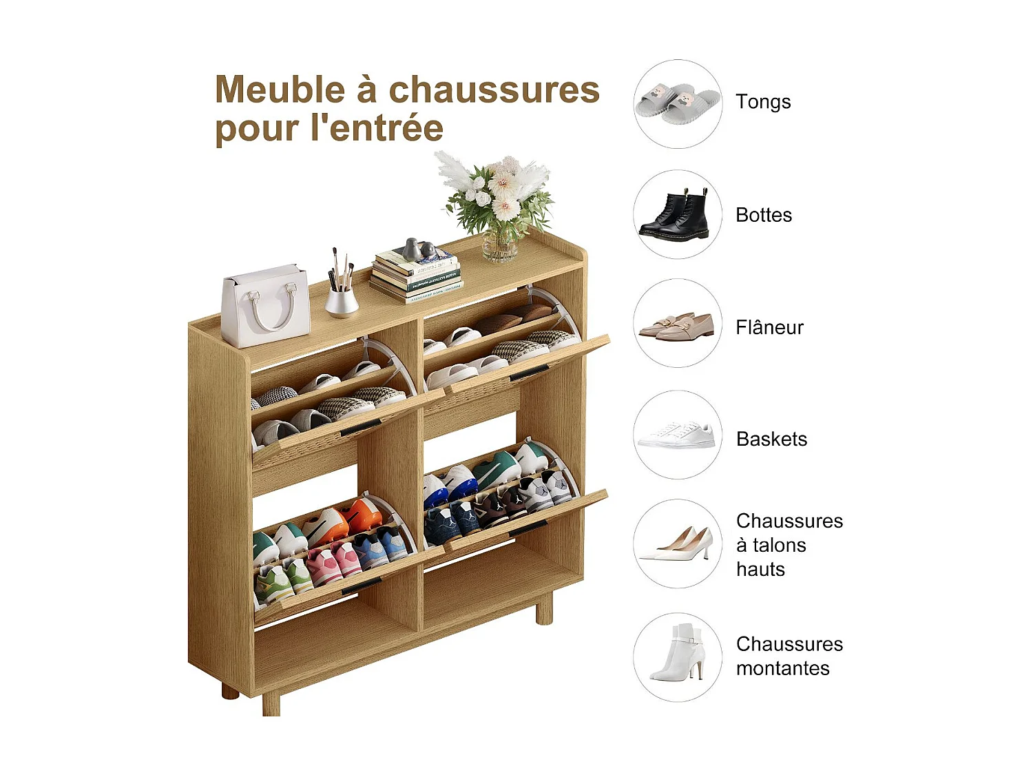 Meuble à chaussures 4 abattants avec niches ouvertes, rangement d’entrée 100 x 24 x 95 cm, effet bois naturel, pour couloir et salon