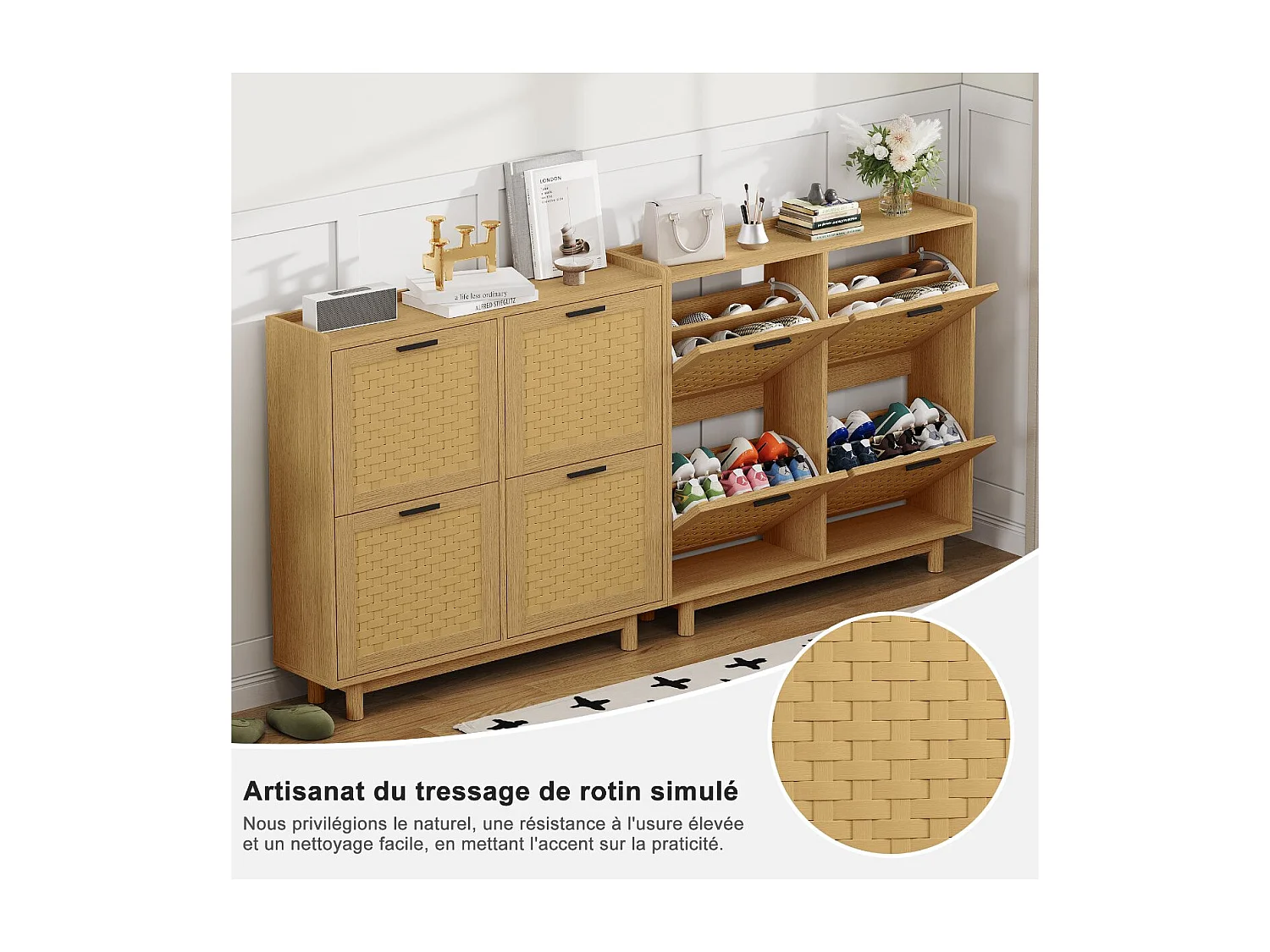 Meuble à chaussures 4 abattants avec niches ouvertes, rangement d’entrée 100 x 24 x 95 cm, effet bois naturel, pour couloir et salon