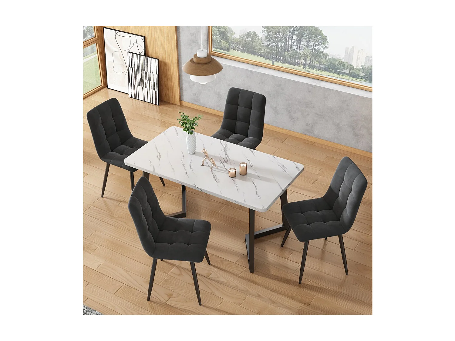 Lot de 4 chaises de salle à manger velours noir – Pieds métal, dossier capitonné, assise rembourrée