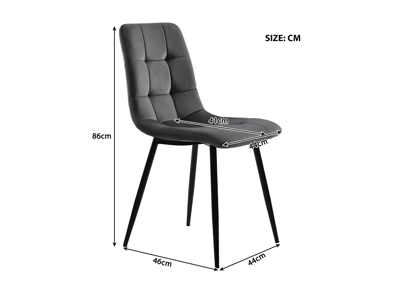 Lot de 4 chaises de salle à manger velours noir – Pieds métal, dossier capitonné, assise rembourrée