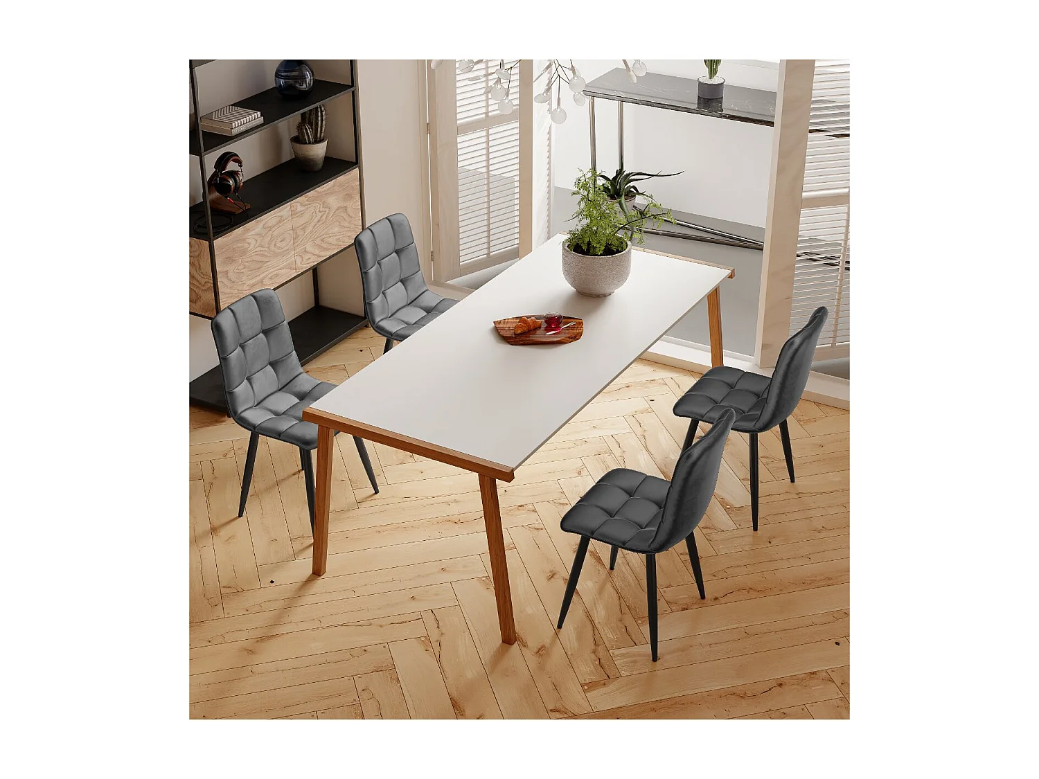 Lot de 4 chaises de salle à manger velours noir – Pieds métal, dossier capitonné, assise rembourrée