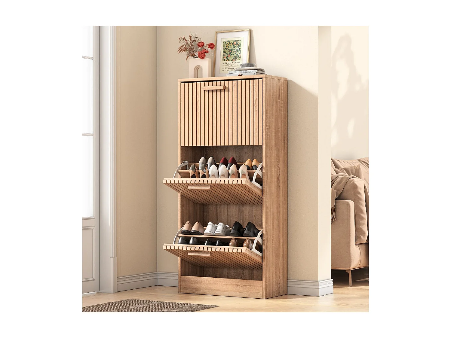 Meuble à chaussures cannage bois 2 abattants, rangement étroit entrée, armoire chaussures design naturel gain de place