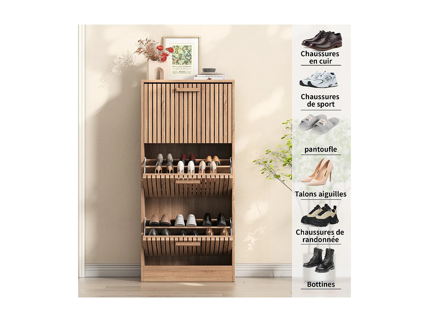 Meuble à chaussures cannage bois 2 abattants, rangement étroit entrée, armoire chaussures design naturel gain de place