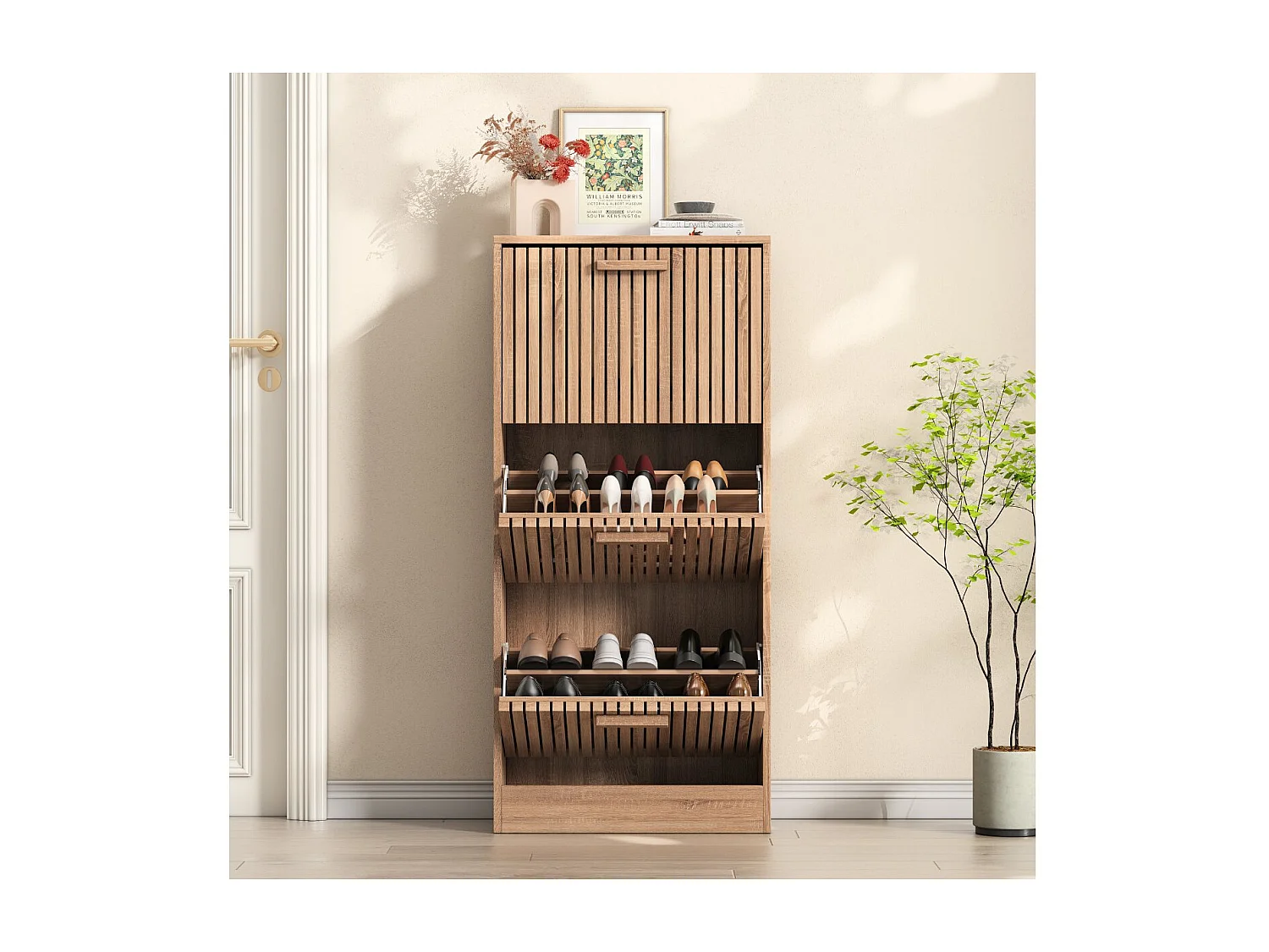 Meuble à chaussures cannage bois 2 abattants, rangement étroit entrée, armoire chaussures design naturel gain de place
