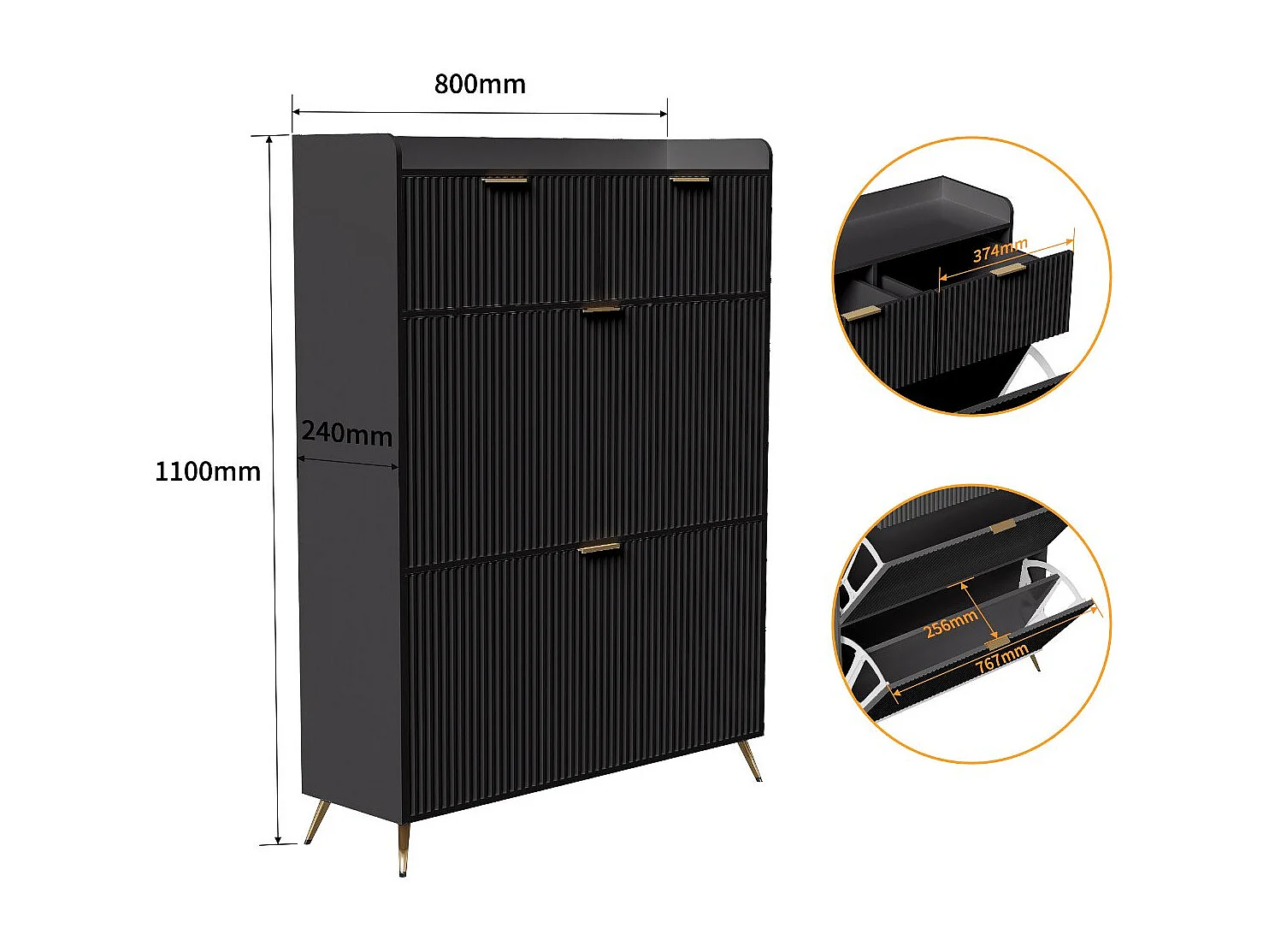 Meuble à chaussures noir avec 2 tiroirs et 2 abattants, rangement entrée gain de place, armoire chaussures