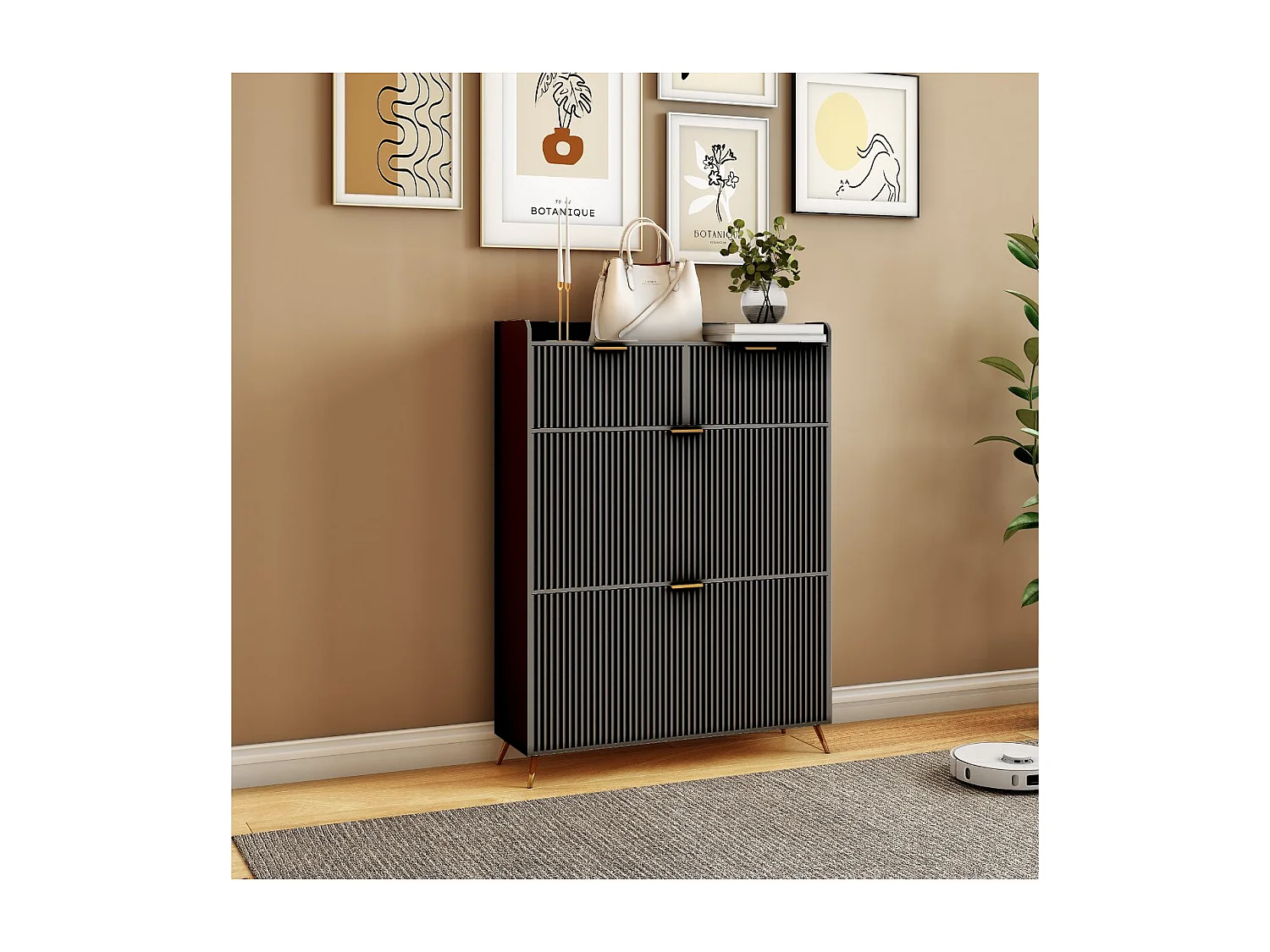 Meuble à chaussures noir avec 2 tiroirs et 2 abattants, rangement entrée gain de place, armoire chaussures