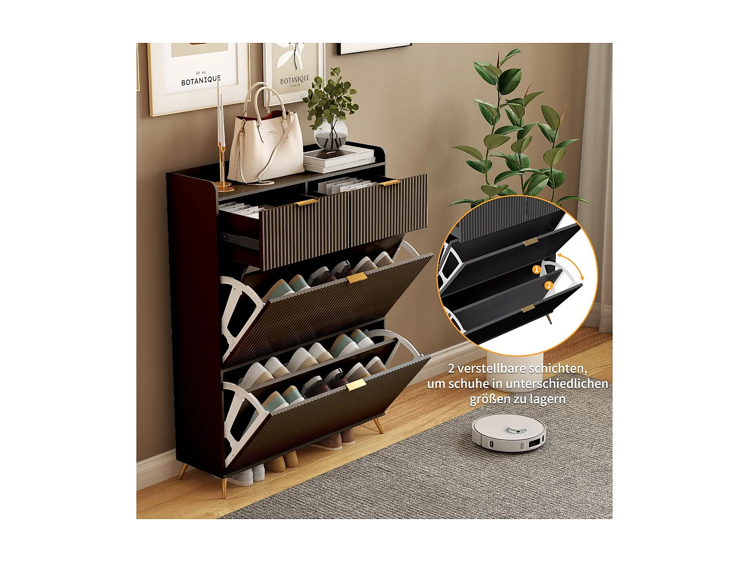 Meuble à chaussures noir avec 2 tiroirs et 2 abattants, rangement entrée gain de place, armoire chaussures