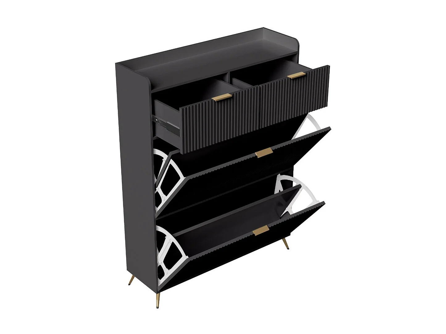 Meuble à chaussures noir avec 2 tiroirs et 2 abattants, rangement entrée gain de place, armoire chaussures
