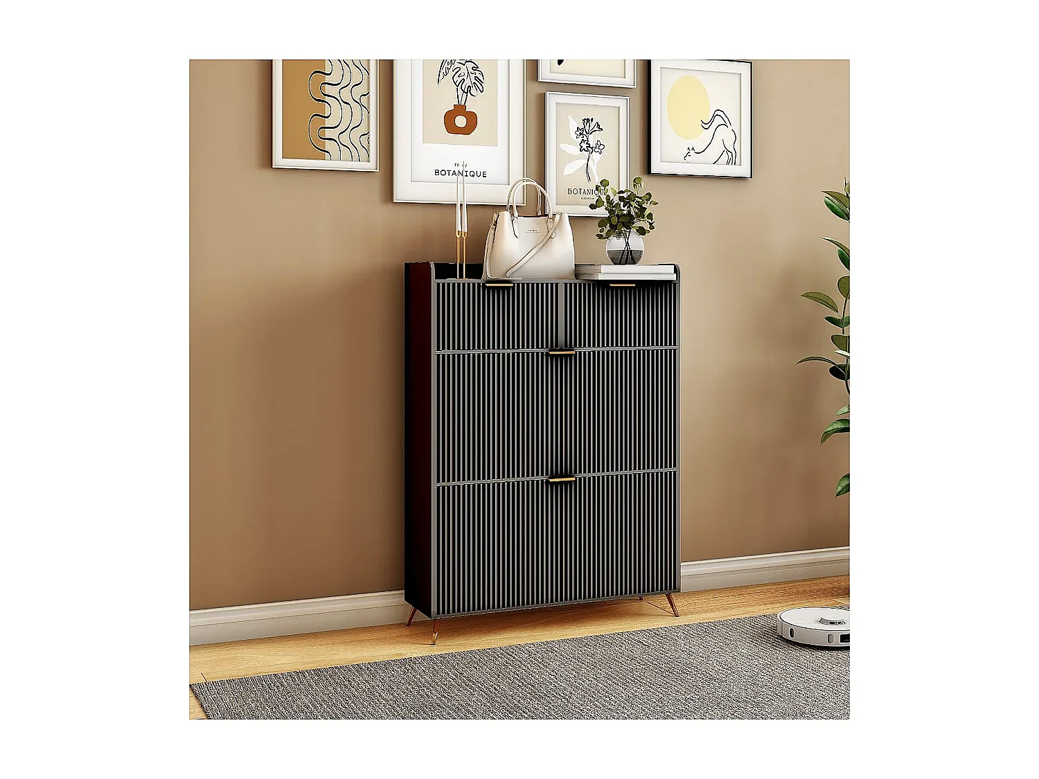 Meuble à chaussures noir avec 2 tiroirs et 2 abattants, rangement entrée gain de place, armoire chaussures