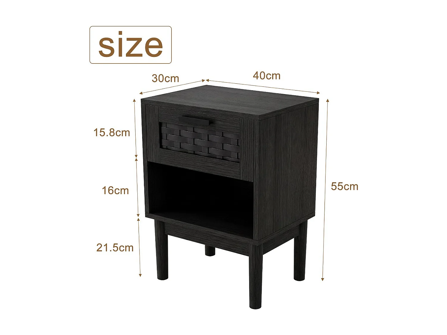 Table de chevet avec tiroir et niche ouverte, disponible en noir, style naturel, adaptée à la chambre.
