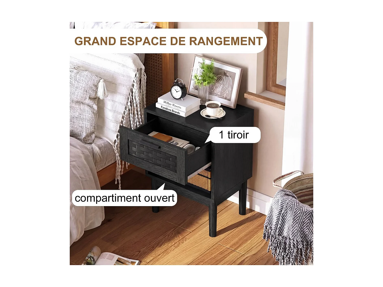 Table de chevet avec tiroir et niche ouverte, disponible en noir, style naturel, adaptée à la chambre.