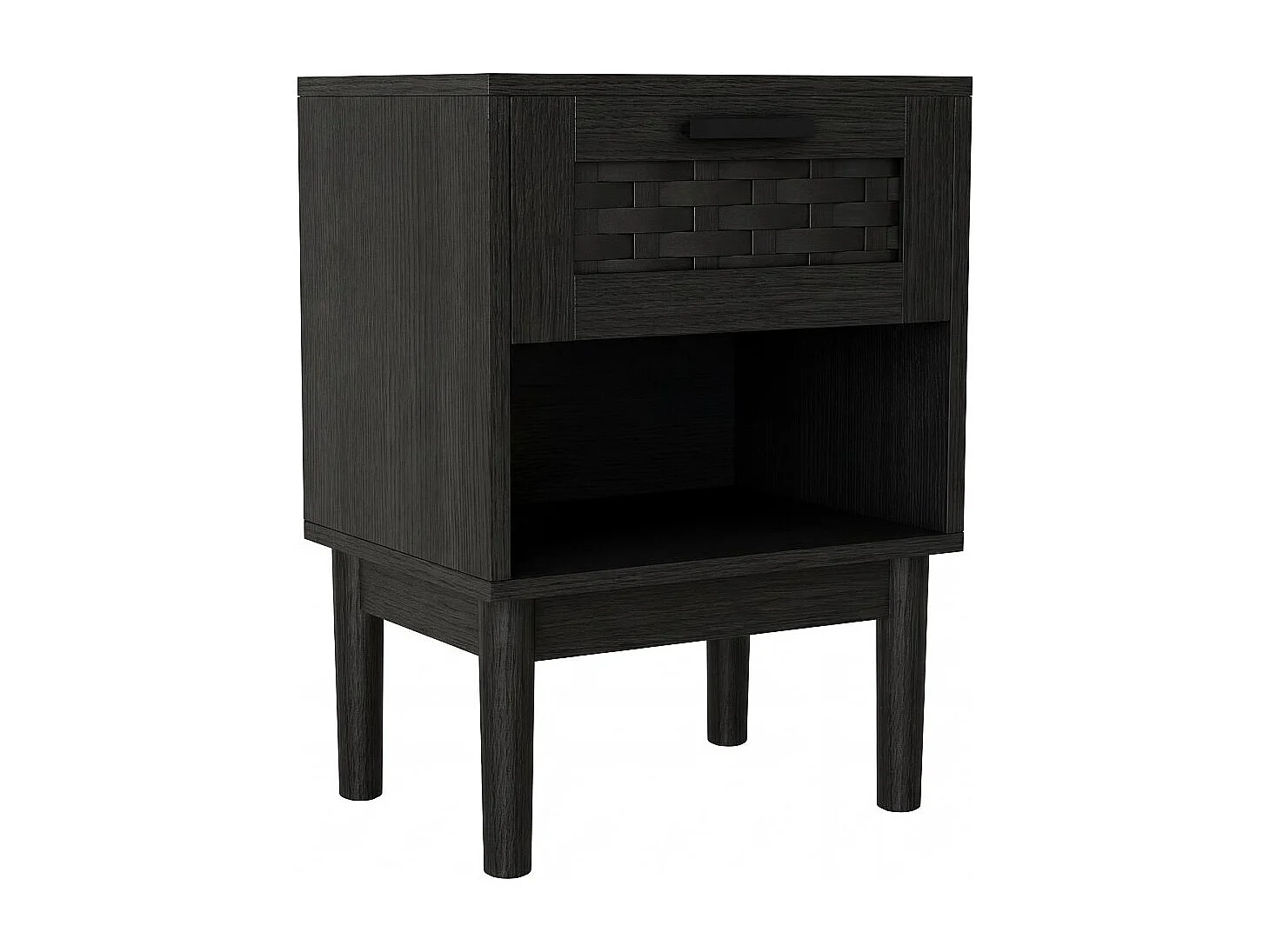 Table de chevet avec tiroir et niche ouverte, disponible en noir, style naturel, adaptée à la chambre.