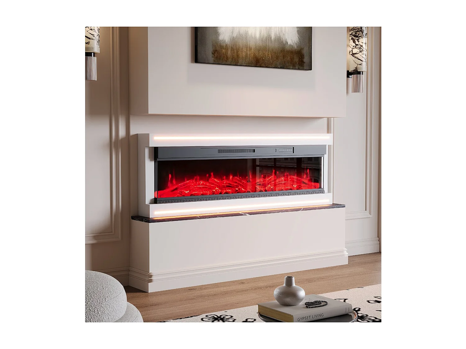 Cheminée électrique 50 pouces avec LED, effet flamme 12 couleurs, 5 niveaux luminosité, foyer décoratif sur pied