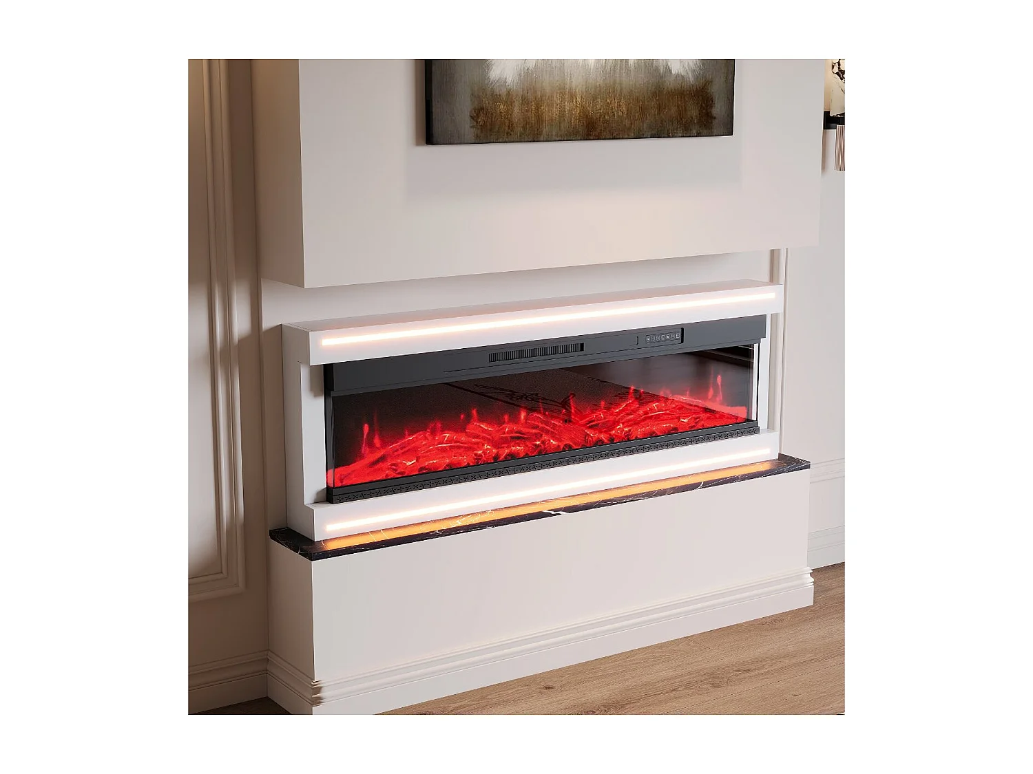 Cheminée électrique 60 pouces avec LED, effet flamme 12 couleurs, 5 niveaux luminosité, foyer décoratif sur pied