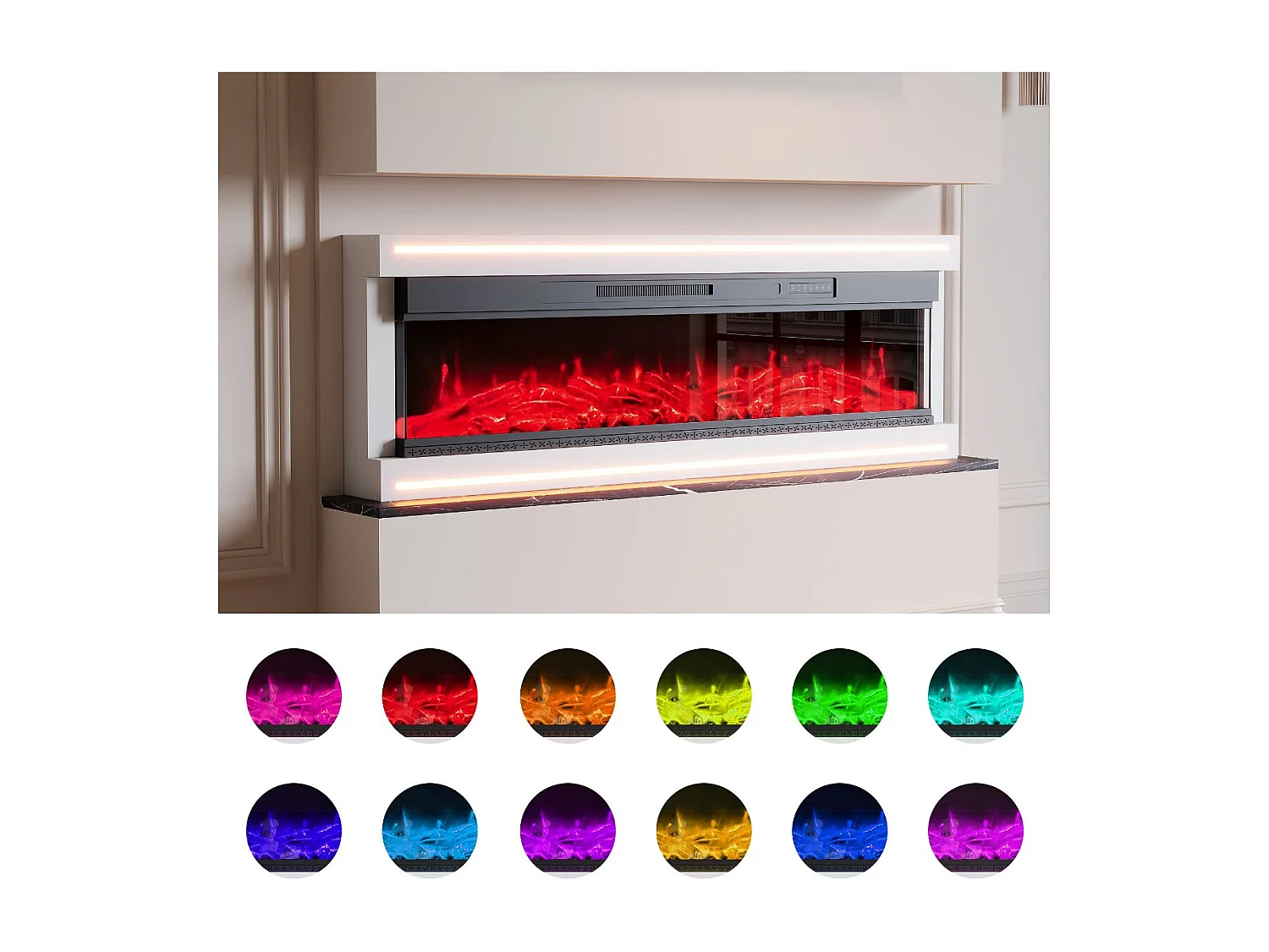 Cheminée électrique 60 pouces avec LED, effet flamme 12 couleurs, 5 niveaux luminosité, foyer décoratif sur pied