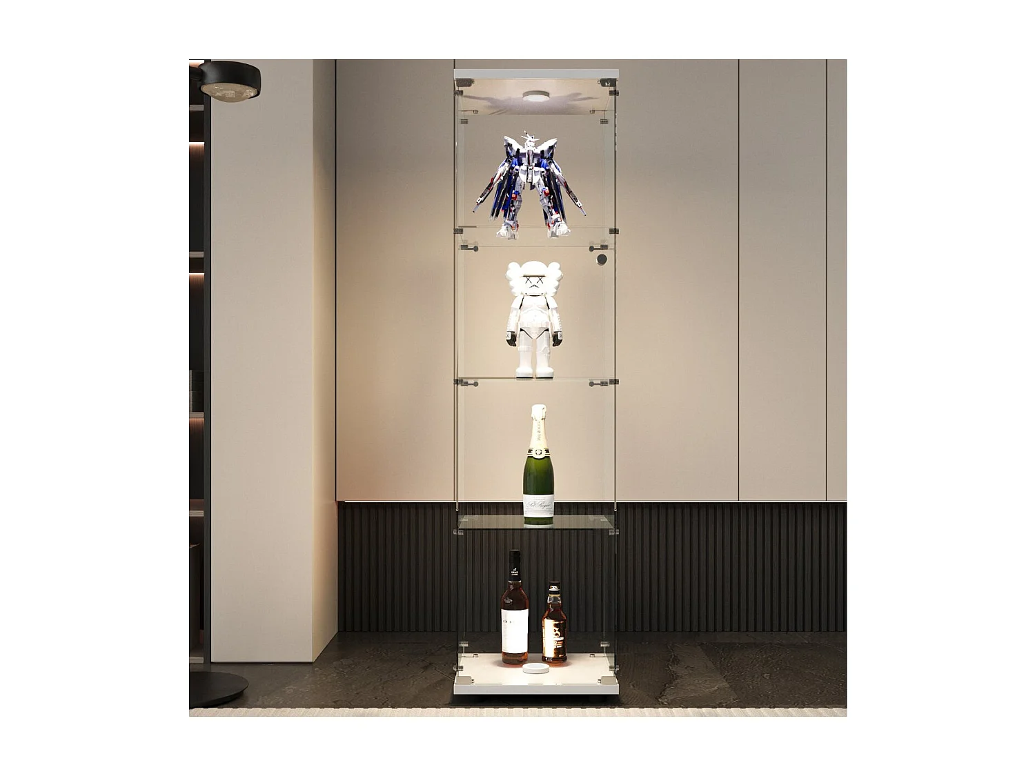 Vitrine en Verre avec LED, Armoir de Vitrine pour Collection Moderne avec 1 Portes et 4 étagères en Verre ESG, pour Le Bar, Le Salon, 166 x 45 x 15 cm, Blanc