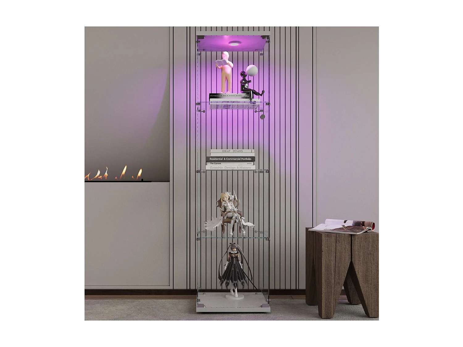 Vitrine en Verre avec LED, Armoir de Vitrine pour Collection Moderne avec 1 Portes et 4 étagères en Verre ESG, pour Le Bar, Le Salon, 166 x 45 x 15 cm, Blanc