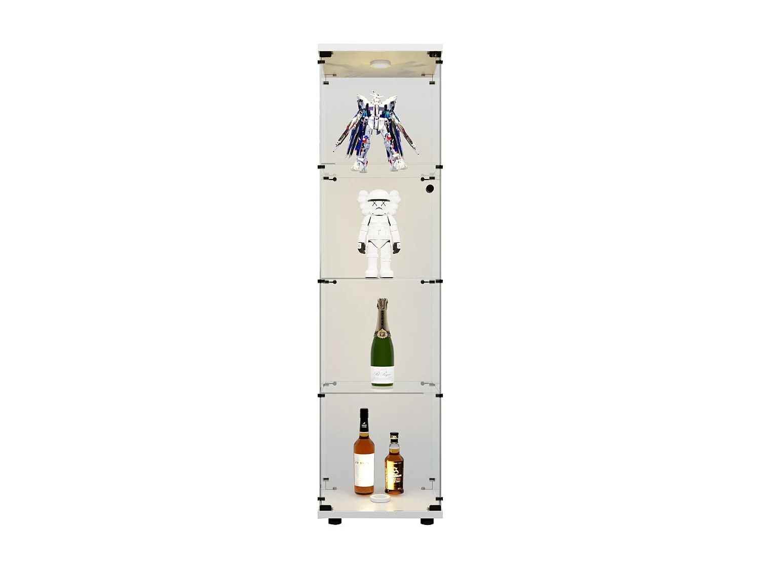 Vitrine en Verre avec LED, Armoir de Vitrine pour Collection Moderne avec 1 Portes et 4 étagères en Verre ESG, pour Le Bar, Le Salon, 166 x 45 x 15 cm, Blanc