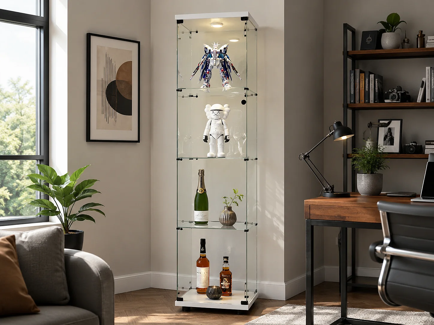 Vitrine en Verre avec LED, Armoir de Vitrine pour Collection Moderne avec 1 Portes et 4 étagères en Verre ESG, pour Le Bar, Le Salon, 166 x 45 x 15 cm, Blanc
