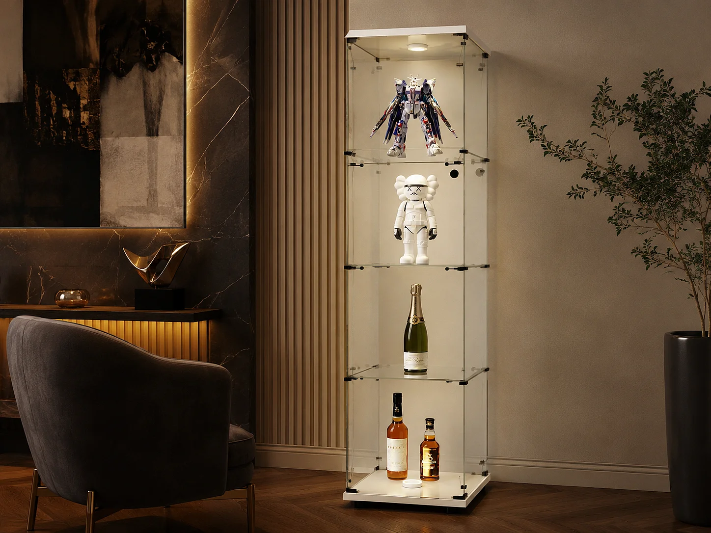 Vitrine en Verre avec LED, Armoir de Vitrine pour Collection Moderne avec 1 Portes et 4 étagères en Verre ESG, pour Le Bar, Le Salon, 166 x 45 x 15 cm, Blanc