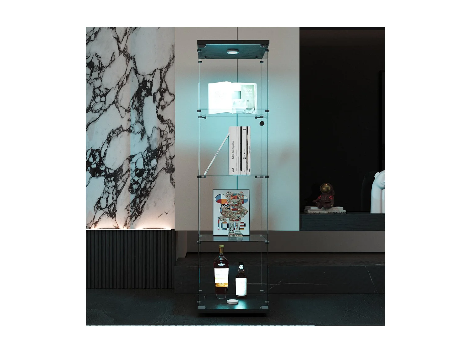 Vitrine en verre 2 portes, meuble vitrine 4 étagères, bibliothèque vitrée, armoire de présentation salon noir