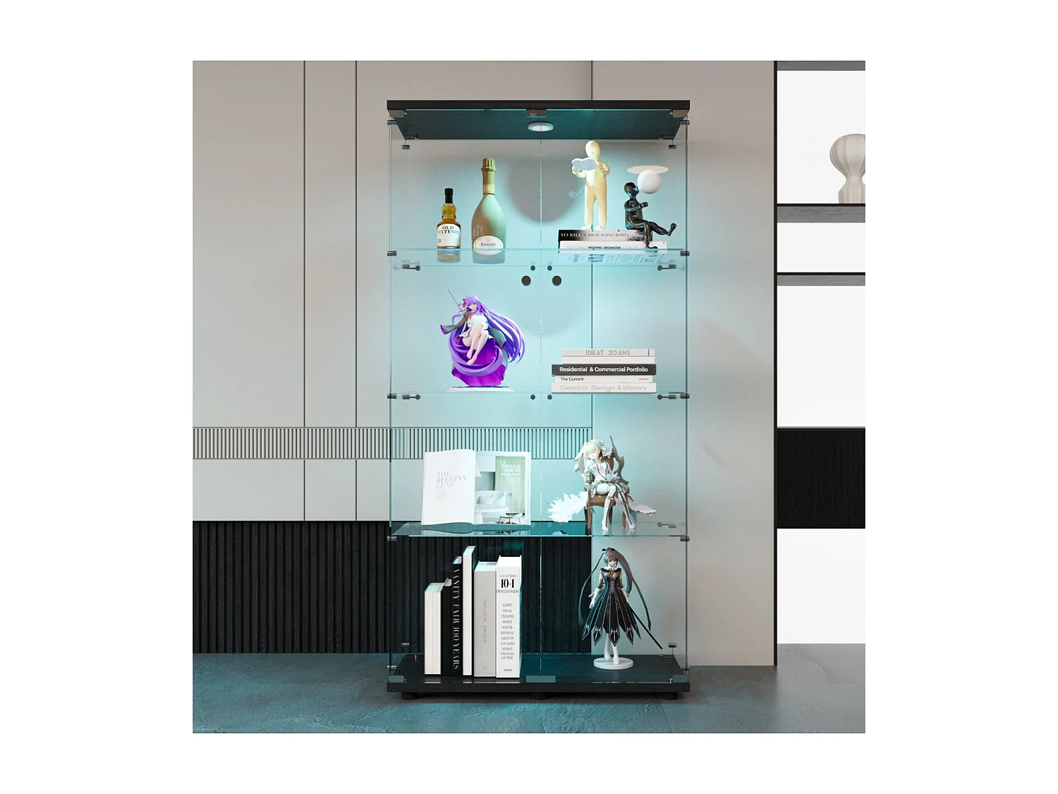 Vitrine en verre à quatre couches avec éclairage LED, double porte, vitrine sécurisée, disponible en noir.