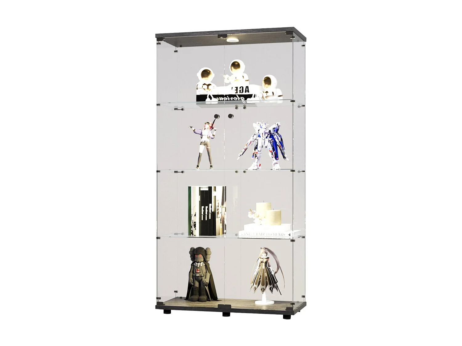 Vitrine en verre à quatre couches avec éclairage LED, double porte, vitrine sécurisée, disponible en noir.
