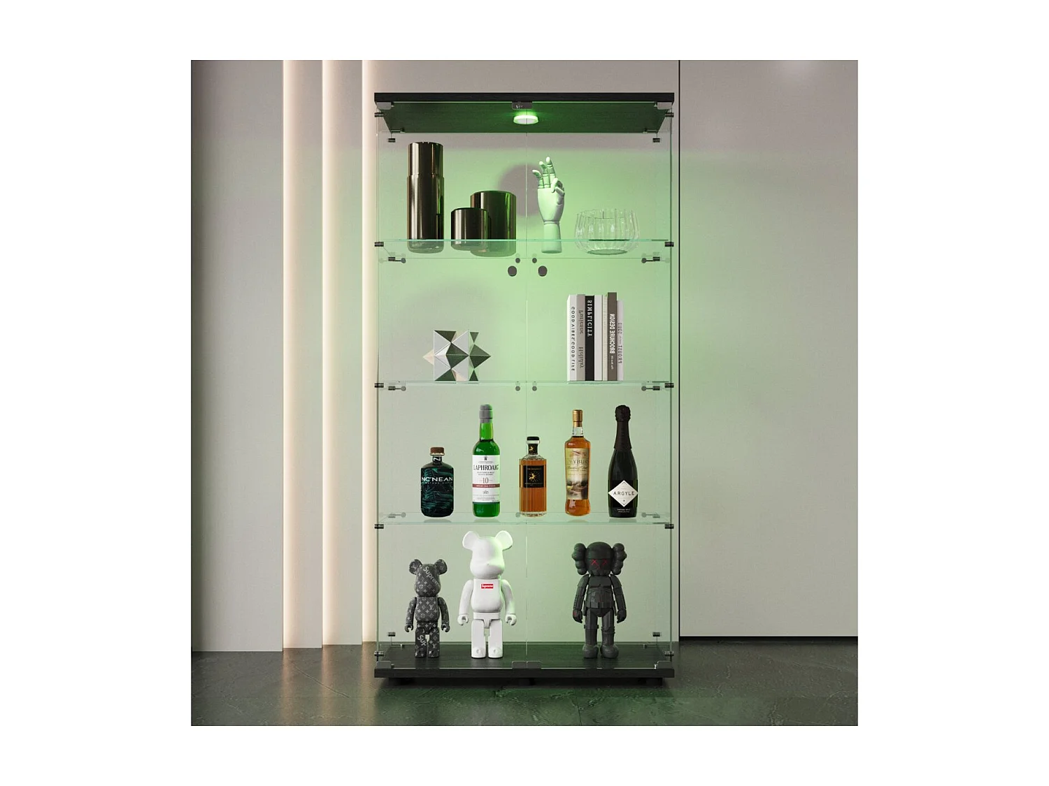 Vitrine en verre à quatre couches avec éclairage LED, double porte, vitrine sécurisée, disponible en noir.