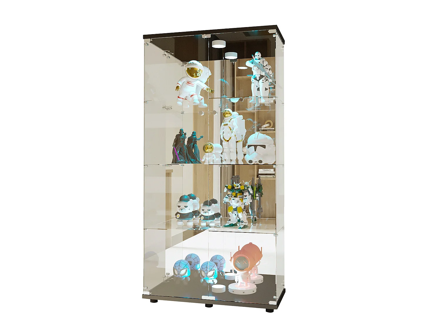 Vitrine en verre à quatre couches avec éclairage LED, double porte, vitrine sécurisée, disponible en noir