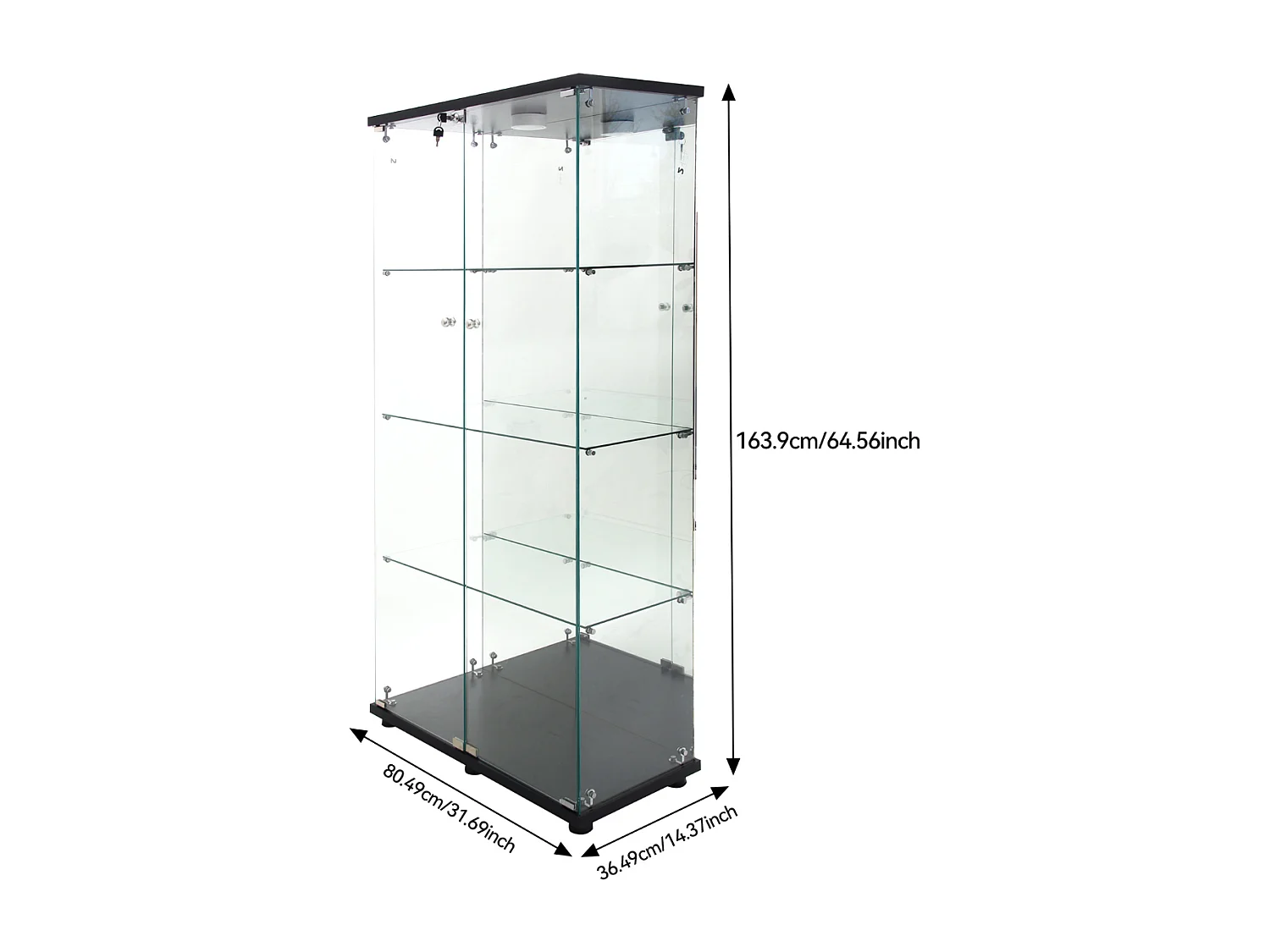 Vitrine en verre à quatre couches avec éclairage LED, double porte, vitrine sécurisée, disponible en noir.