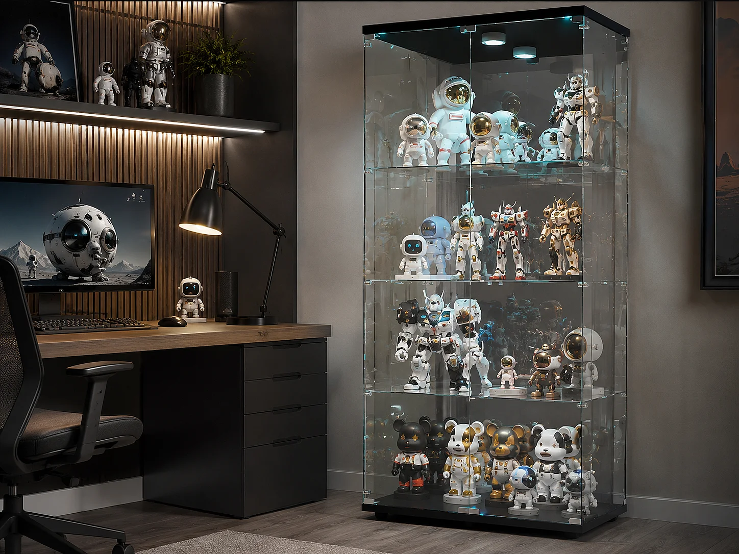 Vitrine en verre à quatre couches avec éclairage LED, double porte, vitrine sécurisée, disponible en noir